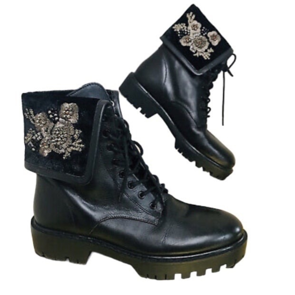 ZARA COMBAT BLACK LEATHER EMBROIDERED BOOTS US SIZE 9M (EU SIZE 40)